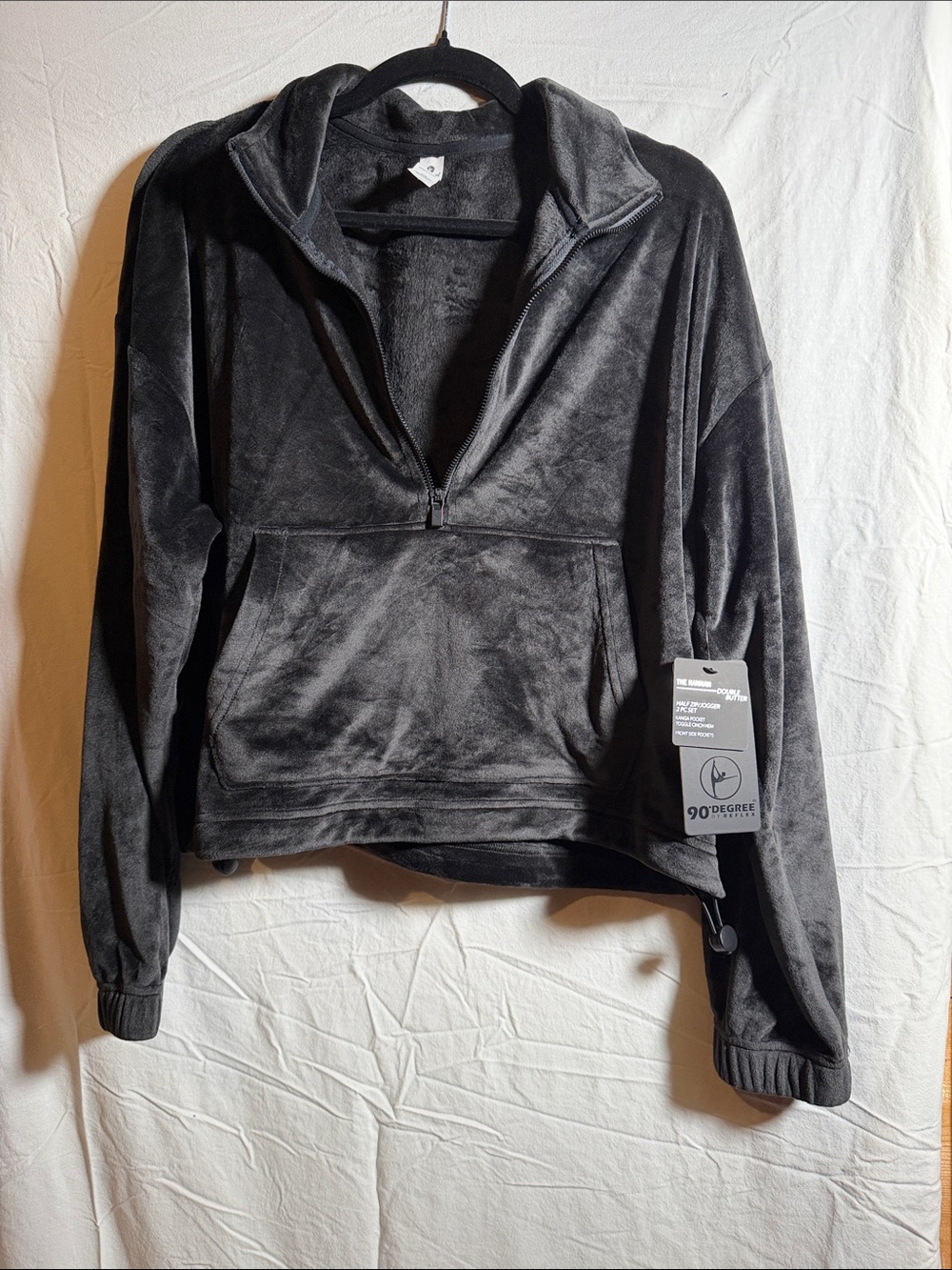 90 Degree By Reflex Black Plush Half-Zip Pullover with Kangaroo Pocket